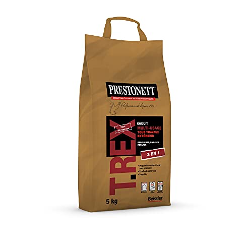 PRESTONETT T REX - Sac de 5 KG - Enduit Fibré Multi-Usages Blanc en Poudre - Usage Extérieur - Parfait pour Egaliser, Reboucher et Réparer Trous et Fissures Tous Travaux Extérieurs - BEISSIER Cover