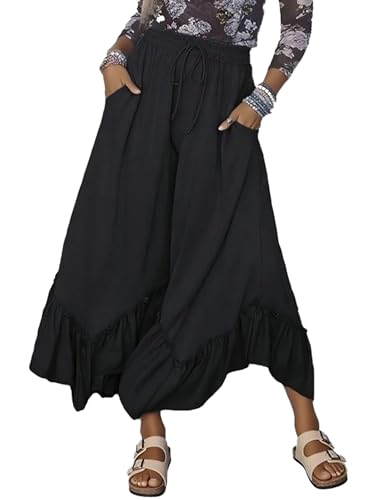 Womens Wide Leg Palazzo Pants Baggy Lounge Ruffled Hem Adjustable Drawstring Culotte Trousers with Pockets