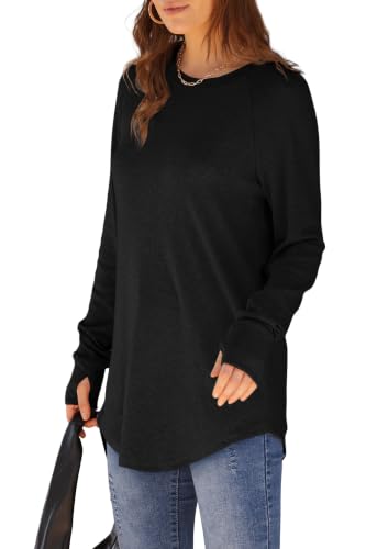 Image of XIEERDUO Womens Tunic Tops to Wear with Leggings Long Sleeve Thumb Hole Shirts Crew Neck Curved Hem
