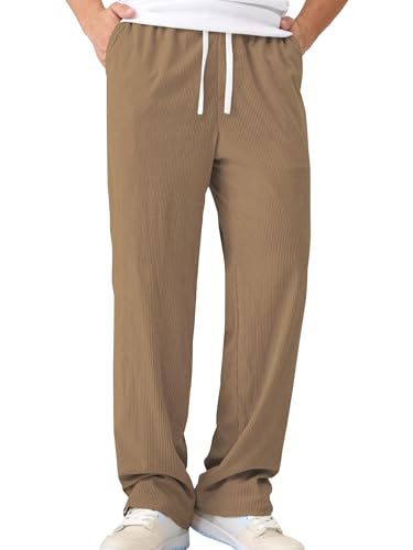 Mens Casual Corduroy Pants Lightweight Elastic Waist Drawstring Pants Straight Baggy Pants with Pockets2