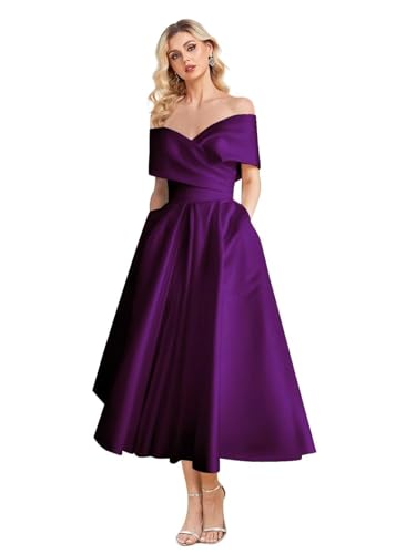 Image of Women's Off Shoulder Wedding Dress for Bride Tea Length A Line Satin Formal Prom Dresses with Pockets