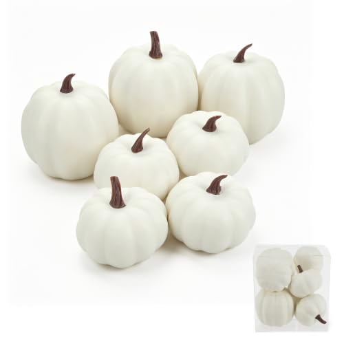 Image of Ghrdopy Fake Pumpkins, 7 Pcs White Artificial Pumpkins, Plastic Pumpkins for Thanksgiving Party Table Centerpiece Autumn Home Decoration-A