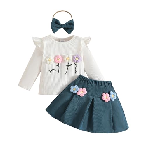 Conjunto de camiseta manga larga con flores y falda para niña, ropa casual para el campus