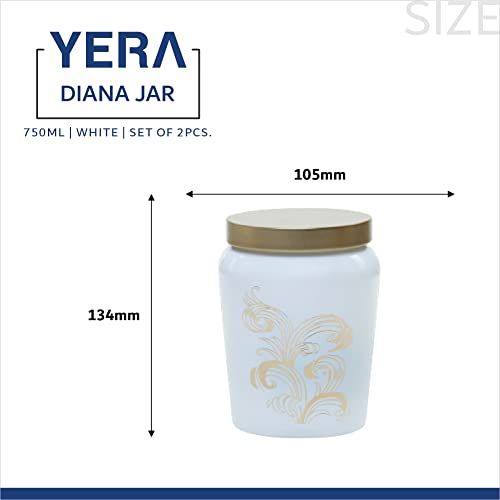 Image of Yera Diana Jars, Metallic lid-golden foil printed-storage jar, 750ml capacity, White Colour,Used for storage of Cookies, snacks,dry fruits,etc (Set of 2)