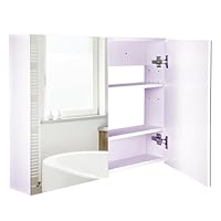 HOMCOM Double Door Wall Mounted Glass Mirror Cabinet Modern Storage Unit Bathroom Shelf Organiser Waterproof Wooden Frame 80W x 15D x 60H cm