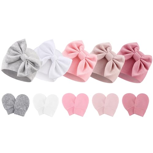 Image of Newborn Baby Hats and Mittens Set Infant Bow Beanie Cap Toddler Gloves Newborn Hospital Hats for Baby Boy Girl 0-12 Months