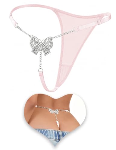 Image of Women's Rhinestone Thong Panties Crystal Chain Low Rise G String Lingerie | Rhinestone Chain T-Back Thong Panties With Adjustable Straps Low Rise G-string Micro Cheeky Shiny Panties Plus Size Underwear