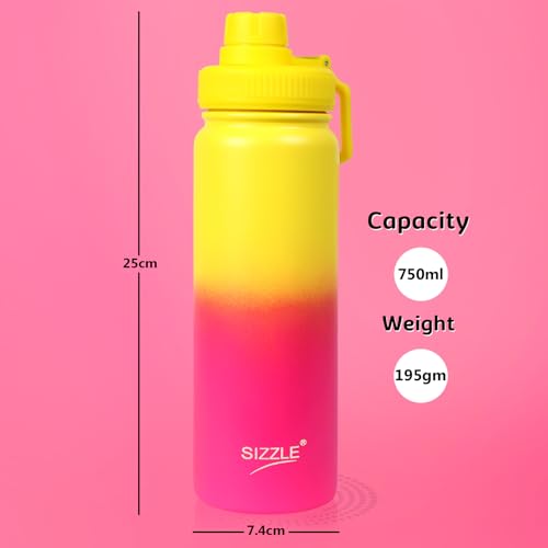 Image of Sizzle Element Stainless Steel Water Bottle 750 ML - Lightweight Leakproof Water Bottle with Powder Coating Finish - Dual Yellow-Pink Colour - For Kids & Adults