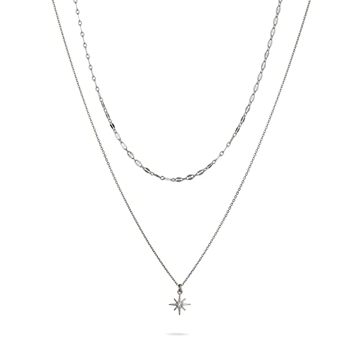 Set Of 2 Silver Choker Necklaces For Women including a Dainty Silver Cubic Zirconia Tiny North Star Pendant Necklace and a Lace Chain Collar Choker