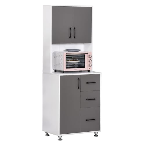 HOMCOM Buffet Haut Cuisine, Armoire de Cuisine, vaisselier avec 3 Portes, 3 tiroirs et Plan de Travail, Meuble de Rangement pour Salon, Salle à Manger, Style Moderne,...