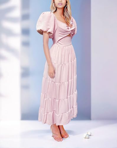 Image of GOLDSTITCH Women's 2026 Boho Floral Maxi Dress Puffy Short Sleeve Cutout V Neck Casual Long Beach Dress