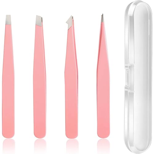 NJCXOLA Pinzas de cejas profesionales de 4 piezas,Pinzas de cejas profesionales de acero inoxidable,Pinzas de precisión con revestimiento antideslizante para pestañas,pelos incrustados,pelos de barba