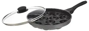 Solimo Non Stick Appe Pan with Glass Lid - 12 Cavities - 24 cms | Long Handle and Glass Lid | 3-Layered PFOA, PFOS, Lead, Cadmium and Toxin-free Coating | Appam Pan | Litti Maker (Grey)