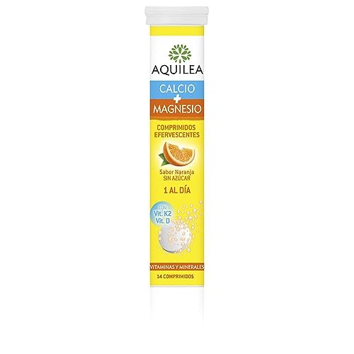 AQUILEA Calcio y Magnesio Comprimidos Efervescentes 14 Tabletas Efervescentes Sabor a Naranja - Vitamina D y Vitamina K12
