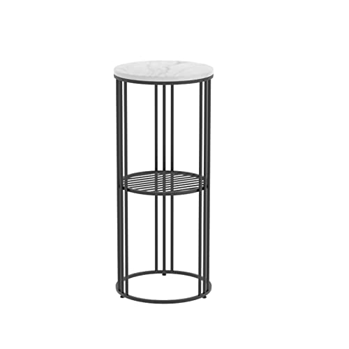 Moderna mesa de café de mármol con almacenamiento de 2 niveles, mesa auxiliar redonda de 30 cm para balcón, tienda de flores, hotel, soporte compacto para exhibición de plantas (negro, 30 x 30 x 60