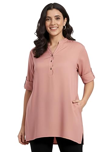 Image of Women's Roll-Up Sleeve Tunic Top, V-Neck with Button Front, Side Pockets, Rayon Short Kurti