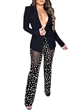 LKOUS Sexy Blazer Suits for Women,Long Sleeve Blazer and Mesh Beading Pants Clubwear Set with Underwear Black
