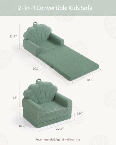 Image of Blissful Diary Foldable Kids Couch, 2-in-1 Kids Sofa Chair, Green Shell | 50.8 inch Fold-Out Play Area, Supportive Foam, Washable Cover, Carry Handle, Pre-Assembled, Kid-Safe Zipper