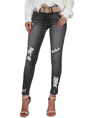 Women's Skinny Ripped Trendy Jeans Mid Waisted Destroyed Denim Pants with Pockets (Pack of 2)2