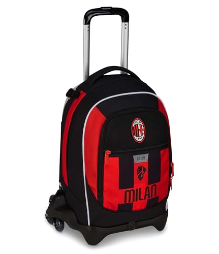 Seven Milan Trolley Scuola Jack 3 Ruote, Rosso Nero, Squadra Calcio, Zaino Con Carrello Sganciabile Da 33 Litri, Per Scuola Elementare e Media,Bambino