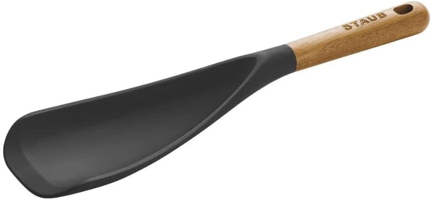 Multifunction Spoon. Ergonomic Acacia wood handle. Matte black silicone head. Handwash recommended. 30 cm Designed by STAUB in France