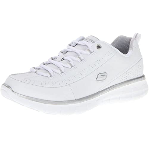 Skechers Sport Womens Synergy Elite Status Athletic Walking Sneaker,White/Silver Leather,7 M US