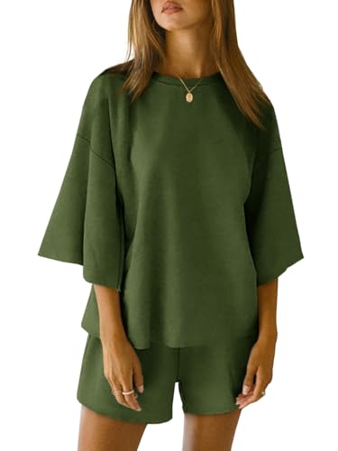 Image of Tankaneo Womens Pajama Sets 3 /4 Sleeve Oversized Tops & Loose Fit Shorts Lounge Set with Pockets Loungewear