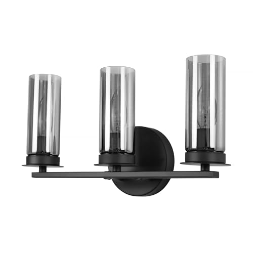 Image of Matte Black Wall Sconce, Farmhouse Vanity Light with Smoked Grey Glass Shade, 16 Inches 3-Light Simple Modern Wall Lamp for Bathroom, Living Room, Hallway, Stairwell (Black, 3-Light)