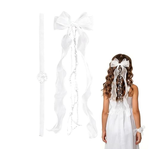 Accesorios para el cabello de comunión | Diadema con lazo blanco, tocado de niña de flores | para ceremonia de boda, cumpleaños, evento especial, bautizo, cena formal, comedor, sesión de fotos en casa