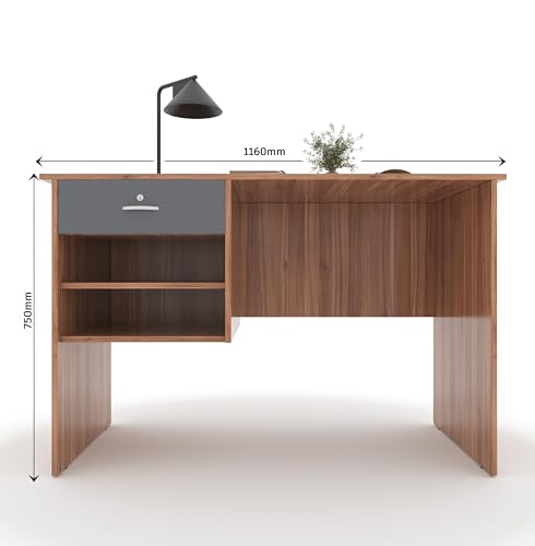 Image of 116x75x56CM Engineered Wood Verto Study & Office Table with Smooth Lockable Drawer and 2 Shelves for Storage | Sturdy DIY Counter, Commercial Table- Lyon Walnut with Grey
