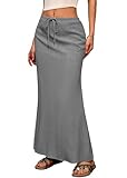  shownicer Jupe Longue Lin Femme Décontractée Couleur Unie Elastique Taille Haute Jupe avec Cordon de Serrage A Gris Foncé XXL