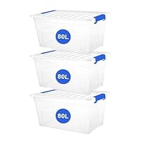 RelianceUK 3 X 80L Large Plastic Storage Box with Clip Lock Lid - Strong Stackable Storage Boxes 80 Litres - Home, Office, Kitchen, Storage Containers | Made in UK (80 Litre / 3 Pack)