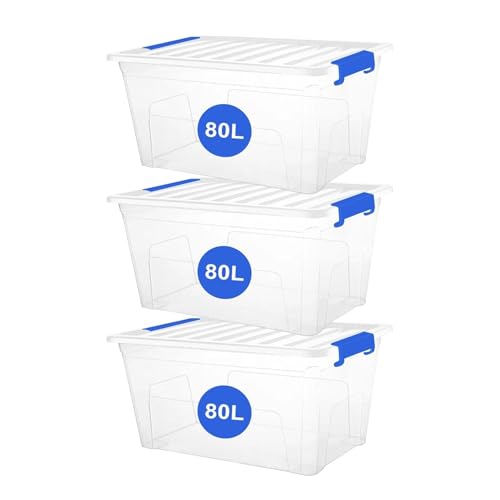RelianceUK 3 X 80L Large Plastic Storage Box with Clip Lock Lid - Strong Stackable Storage Boxes 80 Litres - Home Office Kitchen Storage Containers | Made in UK (80 Litre / 3 Pack)