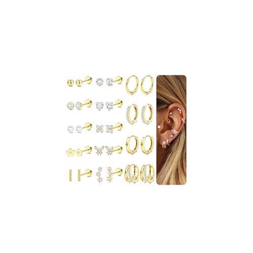 Adramata 14 Paar Ohrringe Damen Gold Silber Ohrstecker Chirurgenstahl Ohrringe Set Medizinische Ohrstecker Creolen Klein Damenohrringe Knorpel Helix Piercings Tragus Piercing Ohr Gold Silber