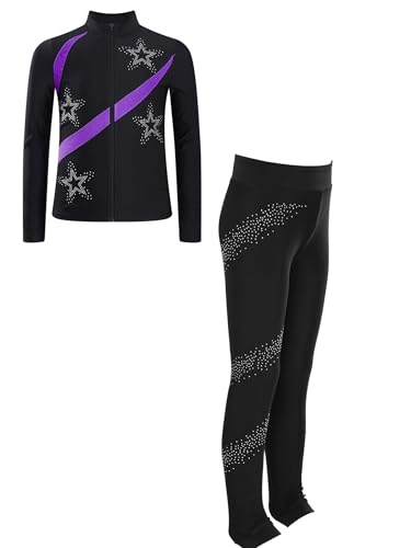Kids Girls Ice Figure Skating Training Suit Rhinestone Long Sleeve Jacket Coat with Leggings Set2