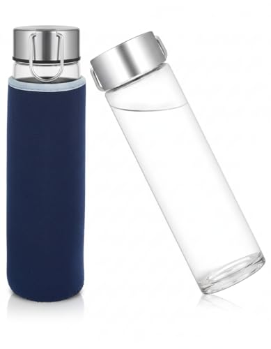 Livvy 750ml Glass Water Bottle with Stainless Steel Leak-Proof Lid & Carry Handle Reusable Drinking Bottle with Neoprene Sleeve for Office Gym Travel & School (Blue)