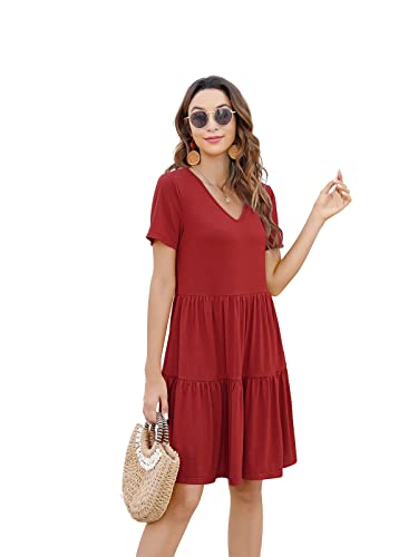 Arolina Women's Casual Swing Shift Dress Summer V Neck Short Sleeve Babydoll Ruffle Dress Tunic Dress (Red,S) #TOP2