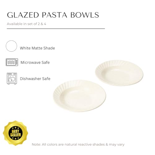 Image of Beyond Homes Ceramic Pasta Plates Shallow, 19 cm, Set of 4, Solid White | Matte Finish Ceramic Pasta Bowl | Flat Stoneware Pasta and Maggie Bowl | Chip-Resistant | Microwave Safe; (4, White Matte)