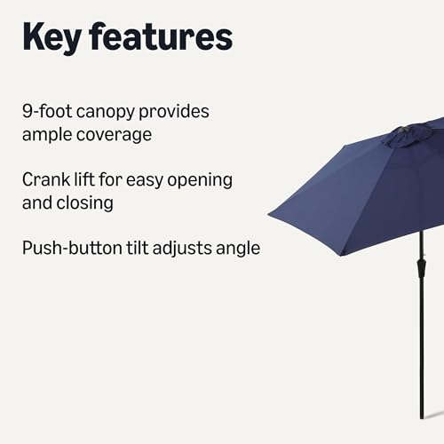 Image of Amazon Basics Patio Umbrella with Crank Lift and Push Button Tilt, 9 Foot, Navy, Aluminum Pole with Steel Ribs