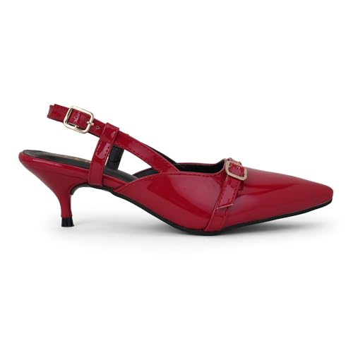 Image of Women's Pointed Toe Kitten Heels, Elegant Glossy Patent Leather Slingback Pumps with Adjustable Buckle Strap, 2-Inch Pencil Heel Sandals