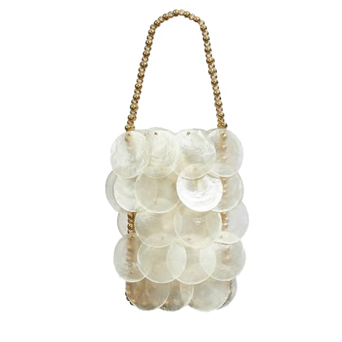 BCVWQXA Women Fashion Shell Woven Handbag Chic Shell Beach Bag Beaded Chain bag for Summer Travel Beach Party, White
