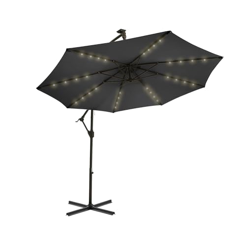 wikiwiki 10ft Solar LED Offset Hanging Market Cantilever Patio Umbrella for Backyard, Poolside, Lawn and Garden, Easy Tilt Adjustment, Polyester Shade & Cross Base, Carbon