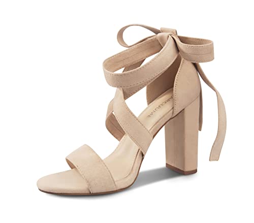 Image of Strappy Heels for Women Chunky Heels High Heeled Sandals with Lace Up Fahsion Casual Nude Block Heel Sandals