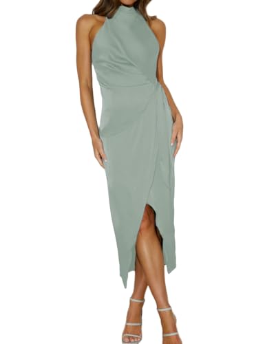 Image of Halfisland Women's Summer Satin High Neck Sleeveless Wrap Dress Elegant Mock Neck Tie Waist Cocktail Formal Dresses