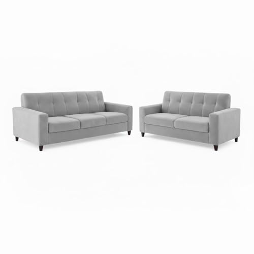 Image of Homeboy Luxe Velvet-Suede Fabric 3 + 2 Seater with Ottoman Sofa Set | Comfortable & Spacious Seating for Upto 6 Person | Modern Sofa Set for Living Room - Light Grey