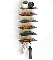 MoKo Sonnenbrillen Organizer Brillenaufbewahrung, Holz Brillenhalter Präsentationsregal mit 6 Ebenen & 3 Haken, Wandorganizer Schlüsselbrett für Eingangsbereich Wohnzimmer Schlafzimmer, Holz + Schwarz
