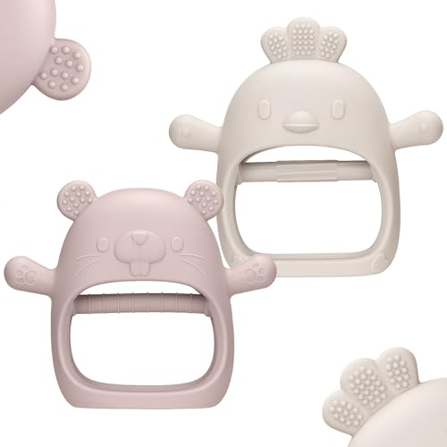 Image of TinyHalo 2 Packs Baby Teething Toys Silicone Teething Mittens for Infants 3 Months+, Never Drop & Easy to Hold Teethers, Helps Soothing Gums & Sucking Needs, Teething Relief (Blush)