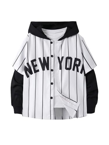 WDIRARA Boy's Letter Graphic Jacket Color Block Hooded Coats Striped Button Down Outerwear