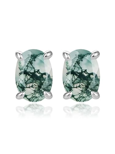 Natural Moss Agate Stud Earrings 925 Sterling Silver Stud Green Round/Teardrop/Oval/Square/Heart/Hexagon Cut Moss Agate Earrings Anniversary Wedding Party Jewelry Gifts for Women Mom Her