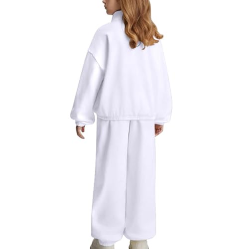 Girls Half Zipper Sweatshirts Set Plain Fleece 2 Piece Baggy Sweatpants Pullover Tops Sweatsuits (White, 11-12 Years)2